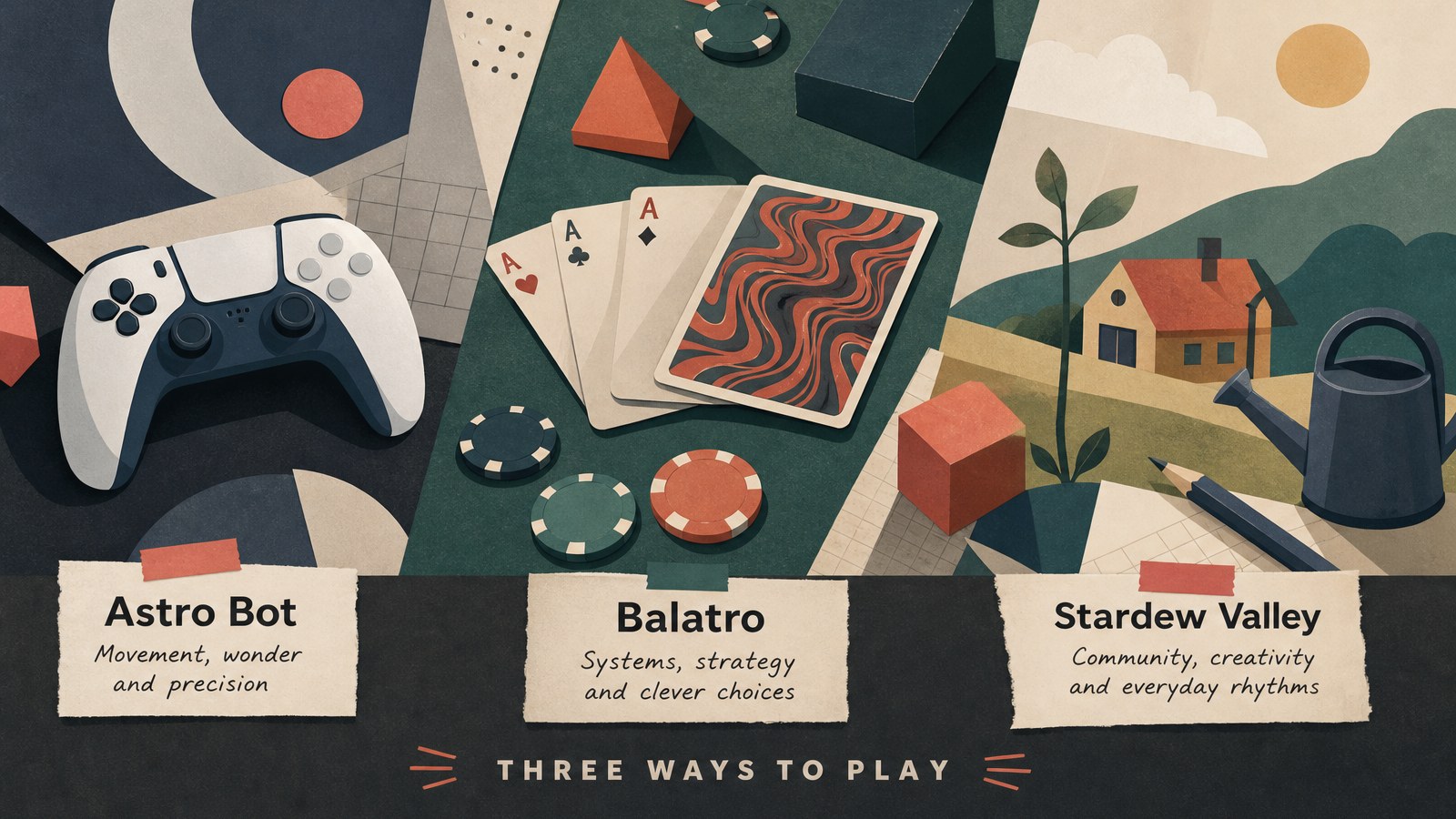 Unbranded editorial still life of a colourful game controller, playful geometric blocks and soft light on a desk, suggesting platforming level design without showing official artwork