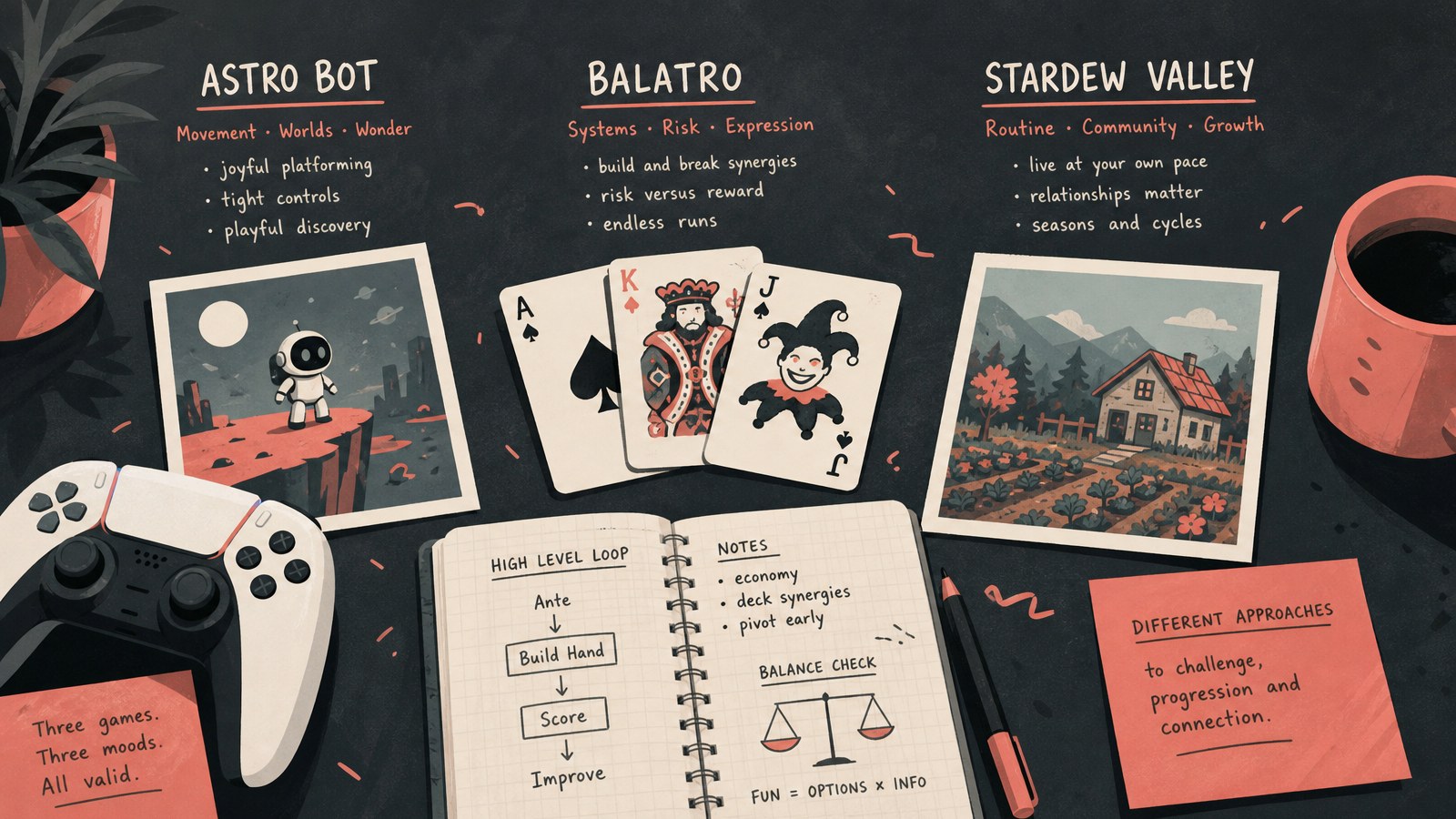 A carefully arranged tabletop with playing cards, pencil notes and a game controller, suggesting the shared process of learning a card-based system