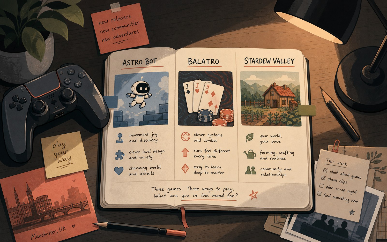 A softly lit table with a game controller, a handwritten seasonal calendar and coloured notes arranged beside an open notebook